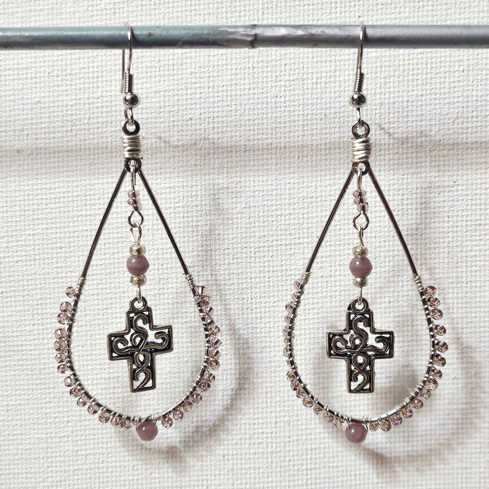 Elegant Silver and Pink Cross Earrings